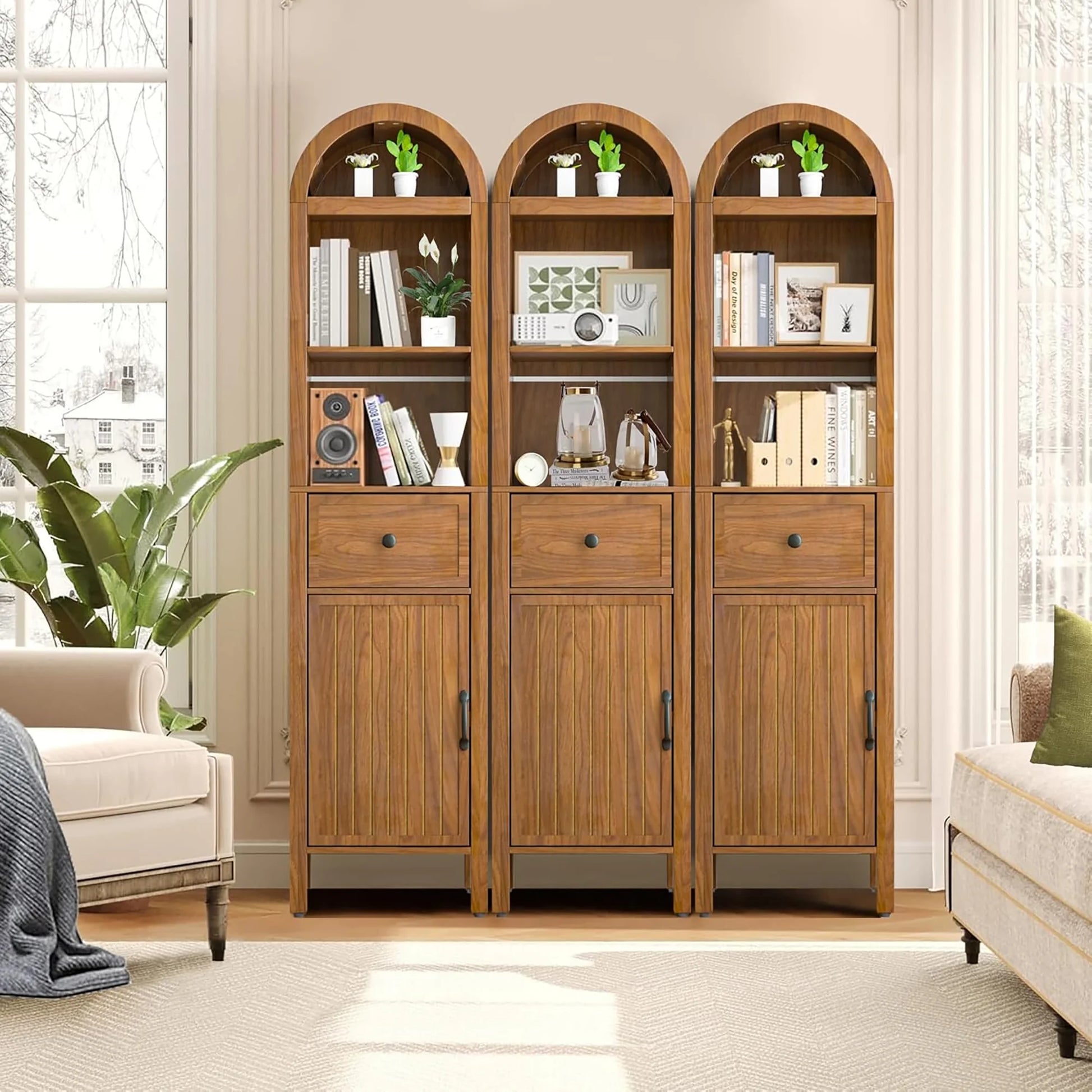 Oubayajia 64" Tall Bathroom Storage Cabinet, Narrow Tall Arched Linen Standing Tower Cabinet, Kitchen Cupboard with Adjustable Shelf and Drawer