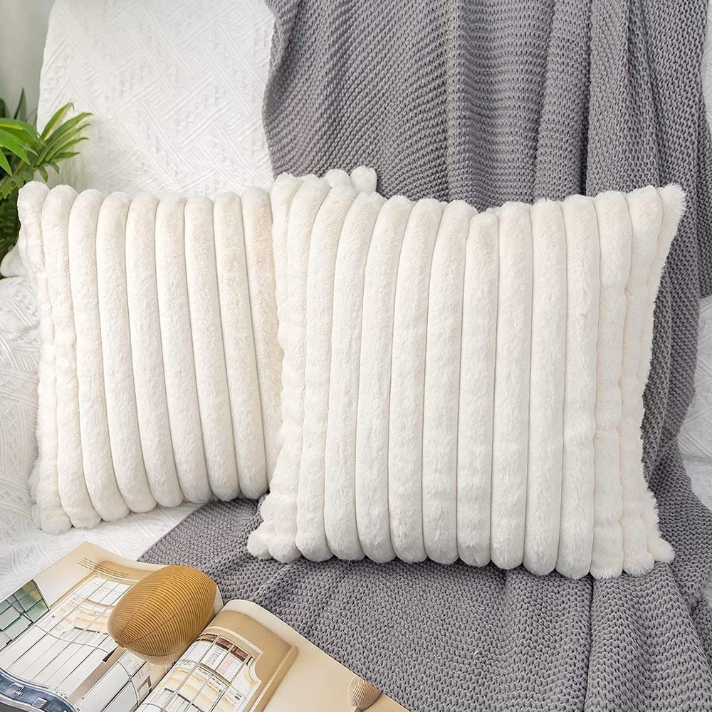Gerich 18x18 inch Square Throw Pillow Covers with Stripes Decorative Pillows for Living Room Couch Sofa, White, Set of 2