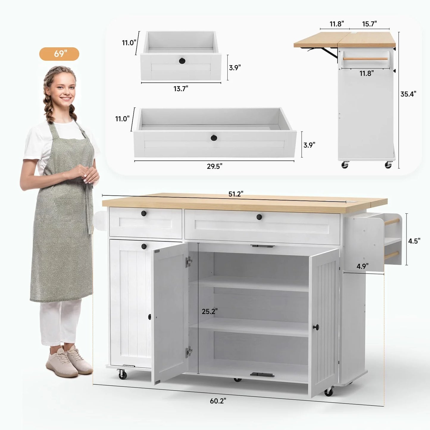 Onbrill Kitchen Island w/Outlet& Towel Rack, 60" Kitchen Storage Cart w/Foldable Countertop, Black