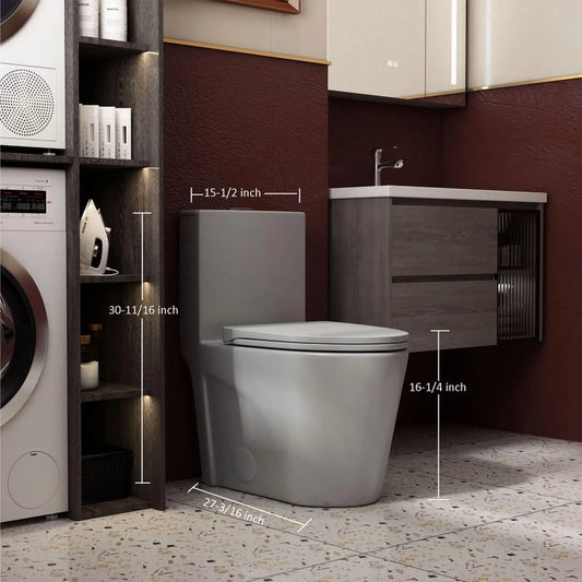 Albriya A1854 One Piece Toilet, Modern Elongated Toilet Power Dual Flush 1.1/1.6 GPF with Comfortable Chair Seat ADA Height 16 1/4’for Bathroom, 12’Rough-In, MaP 1000g, Grey
