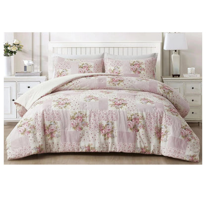 YOSITiuu Rosy 3-Piece Queen Size Washed Cotton Comforter Set - Floral Bedding Set Ivory Green Flower Polka Dot Printed Patchwork Reversible Lightweight Comforter for All Season