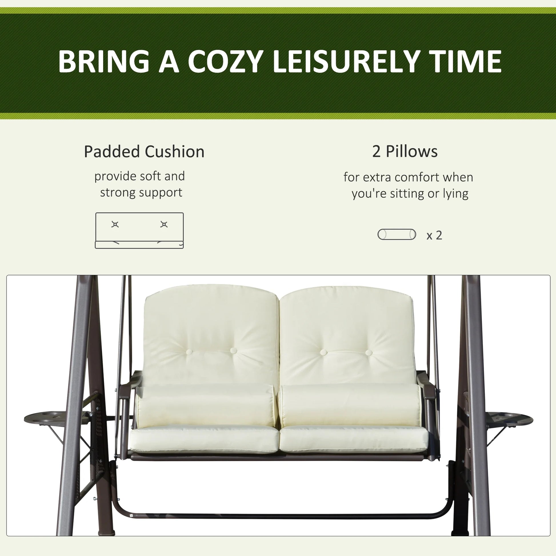 Outsunny 2-Person Patio Swing Bench with Adjustable Shade Canopy, Soft Cushions, Throw Pillows and Tray, Beige.