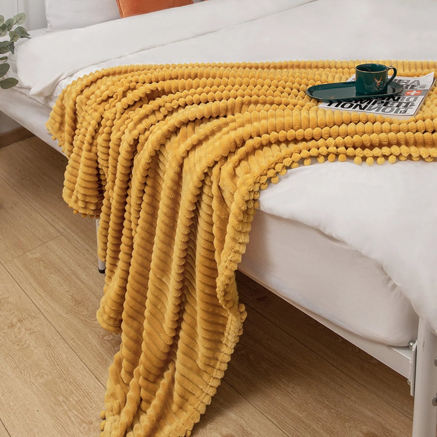 DISSA Flannel Fleece Blanket Soft Large Throw Blanket with Pompom Fringe Lightweight Cozy Plush Blanket Fit Sofa Bed(Mustard Yellow,51x63")