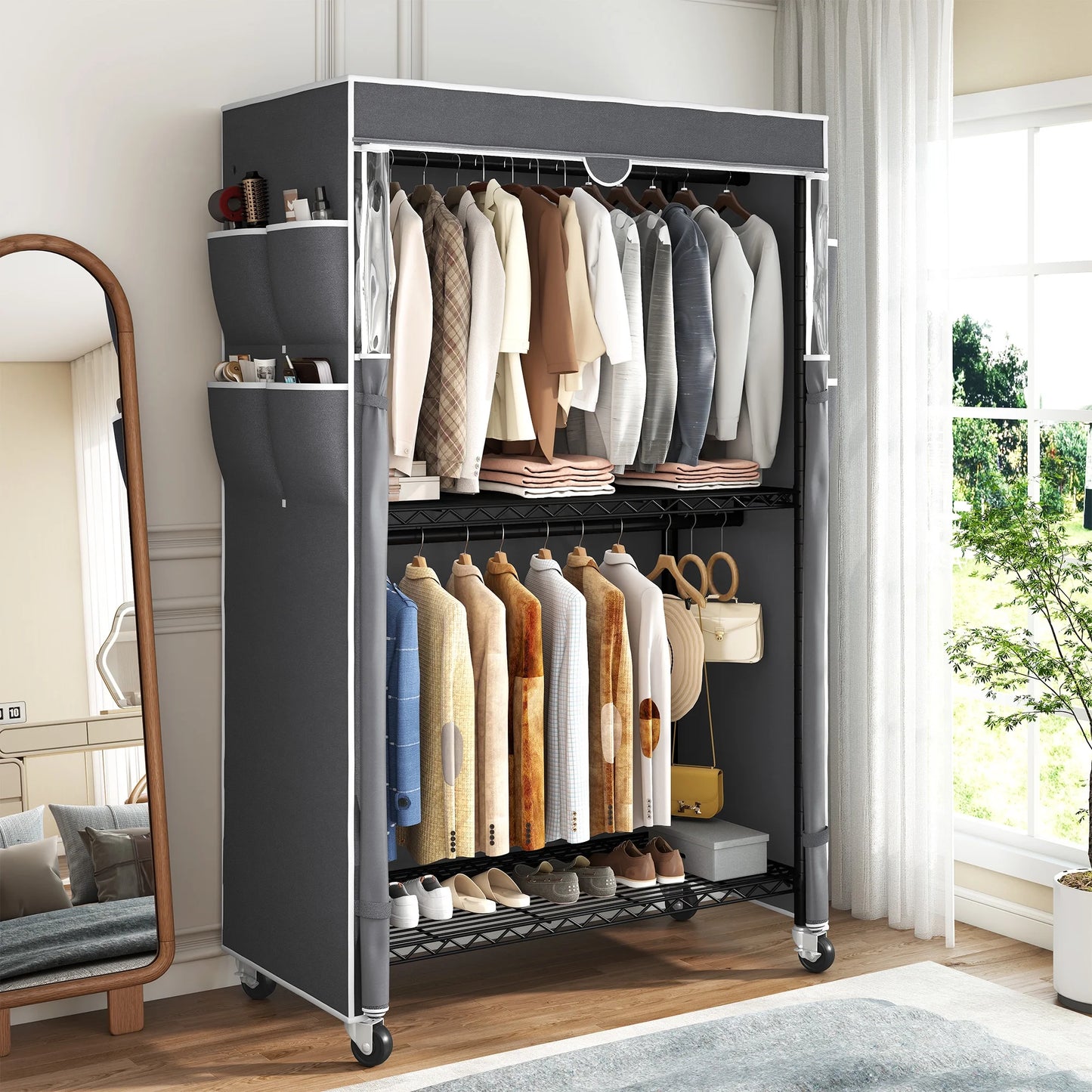 EnHomee Rolling Closet Rack with Dustproof Cover,450LBS Load Capacity Adjustable 81"H Portable Wardrobe with Side Pockets,Black
