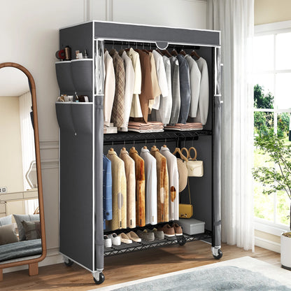 EnHomee Rolling Closet Rack with Dustproof Cover,450LBS Load Capacity Adjustable 81"H Portable Wardrobe with Side Pockets,Black