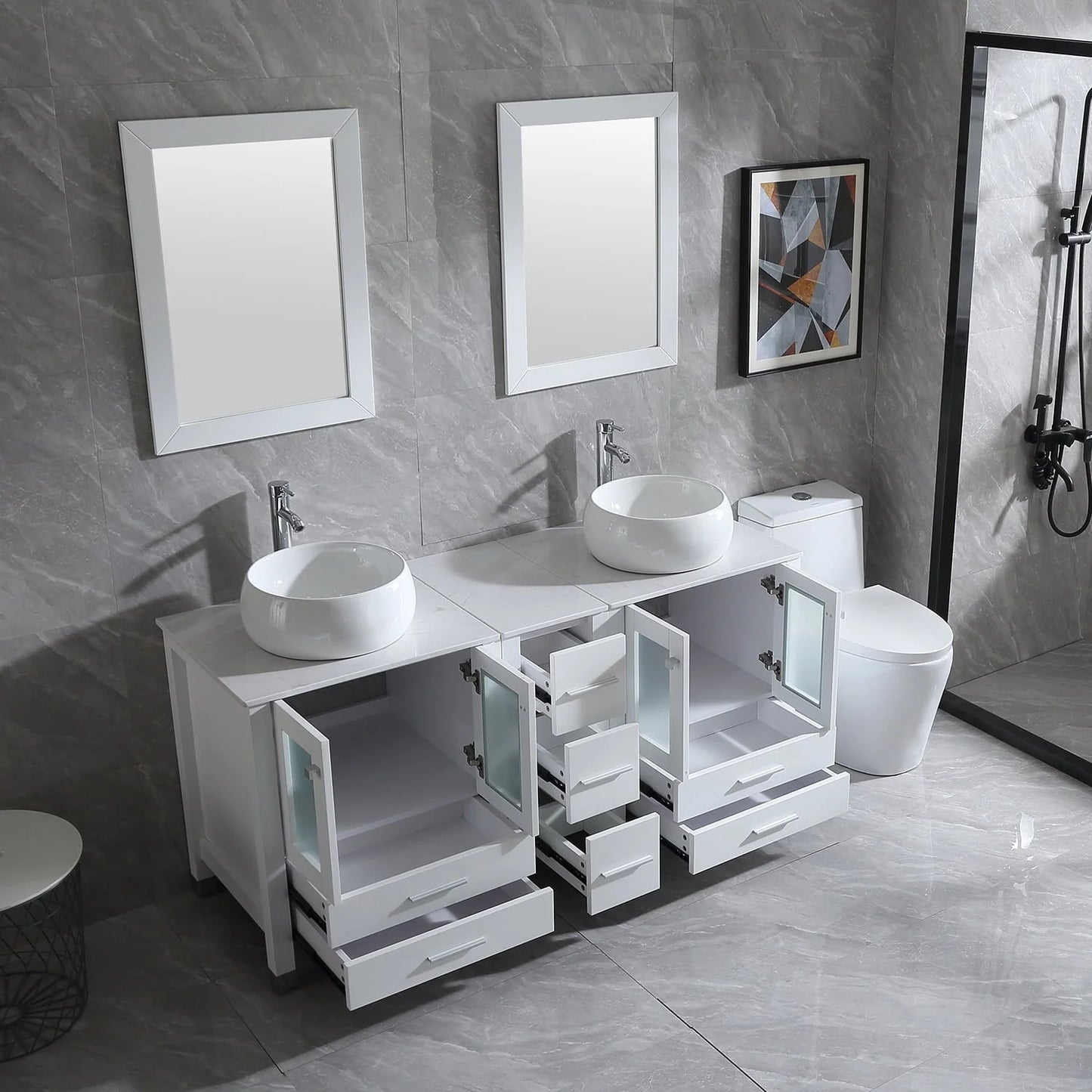 Wonline 60" Bathroom Vanity Wood Cabinet Double Ceramic Sink w/Mirror White