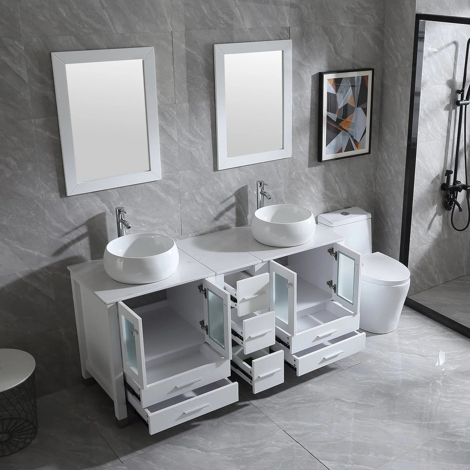 Wonline 60" Bathroom Vanity Wood Cabinet Double Ceramic Sink w/Mirror White