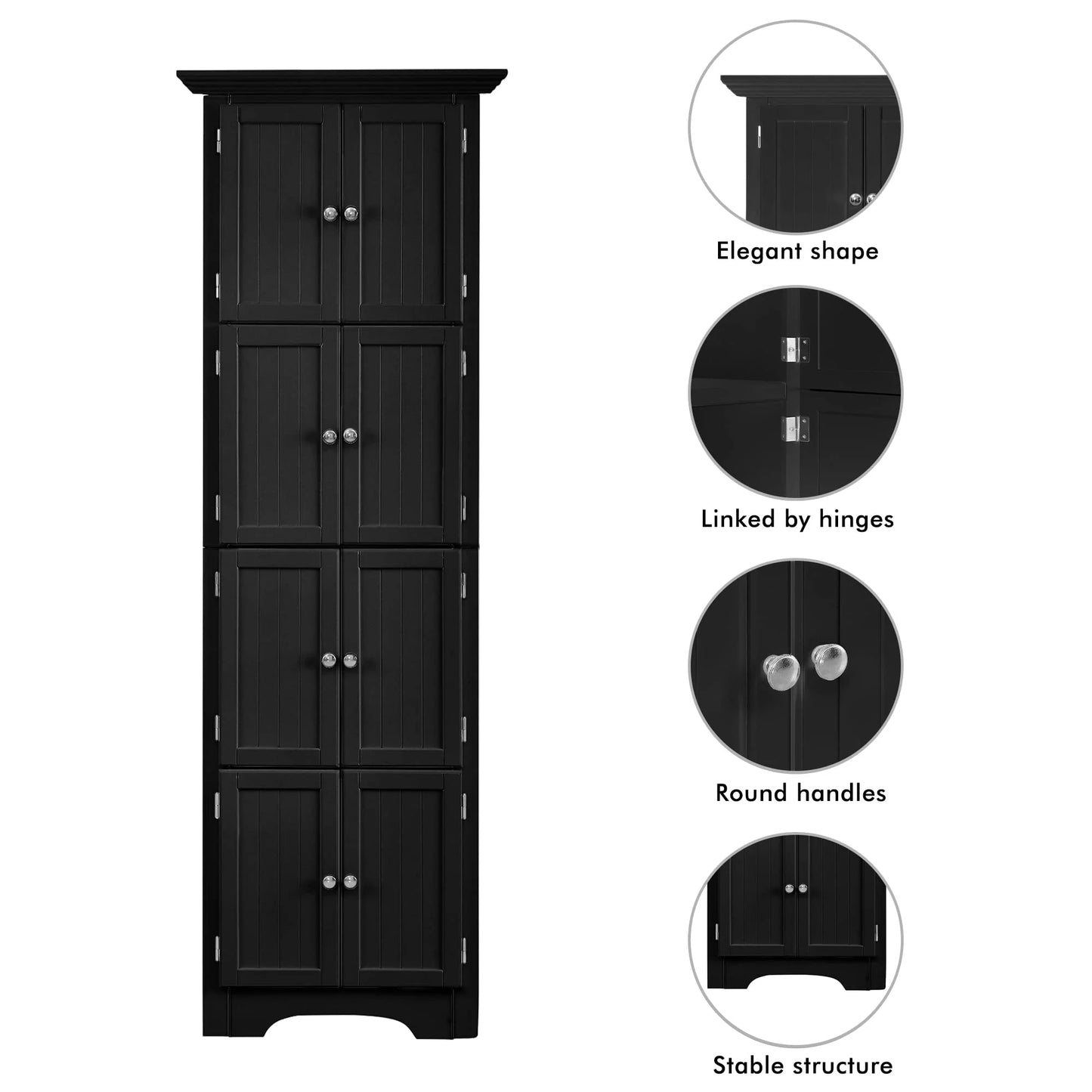 Royard Oaktree 72" Tall Corner Cabinet with 8 Doors and 4 Storage Shelves, Freestanding Bathroom Storage Cabinet, 4-tier Kitchen Pantry Storage Cabinet for Bathroom, Living Room, Office (Black)