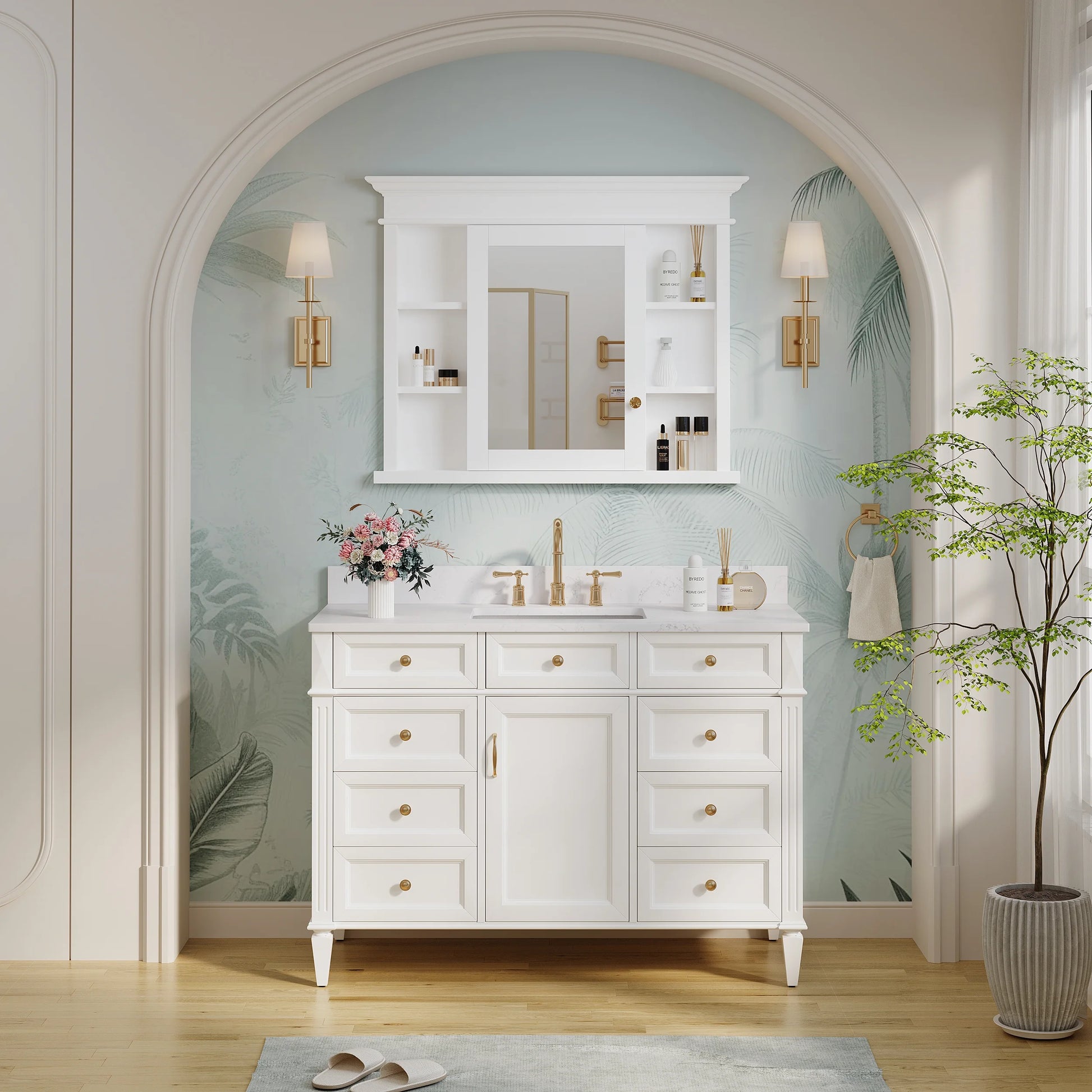 FORCLOVER 40"x 32" Bathroom Medicine Cabinet with 3 Adjustable Shelves, Recessed Mount Wooden Medicine Cabinet Storage with Mirrors and Soft-Close Door, White
