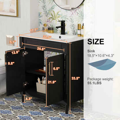 30" Freestanding Bathroom Vanity with Ceramic Sink Top, Faucet, Classic Tapered legs