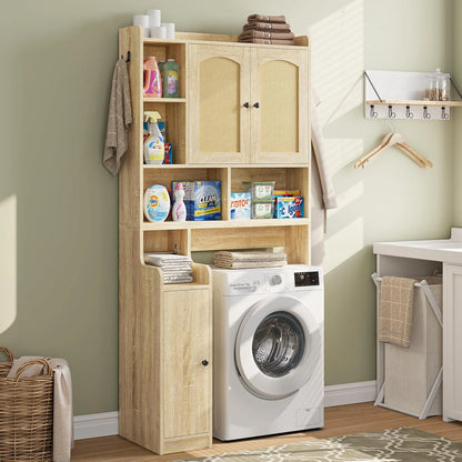 Over The Toilet Storage Cabinet with 3 Doors, Farmhouse Space Saver for Bathroom Organizer with Paper Holder, 10 Shelves and Hooks, 7-Tier Over Washing Machine Cabinet for Laundry, Bathroom, Natural