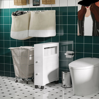Homcom Wood Rolling Bathroom Side Storage Cabinet, White