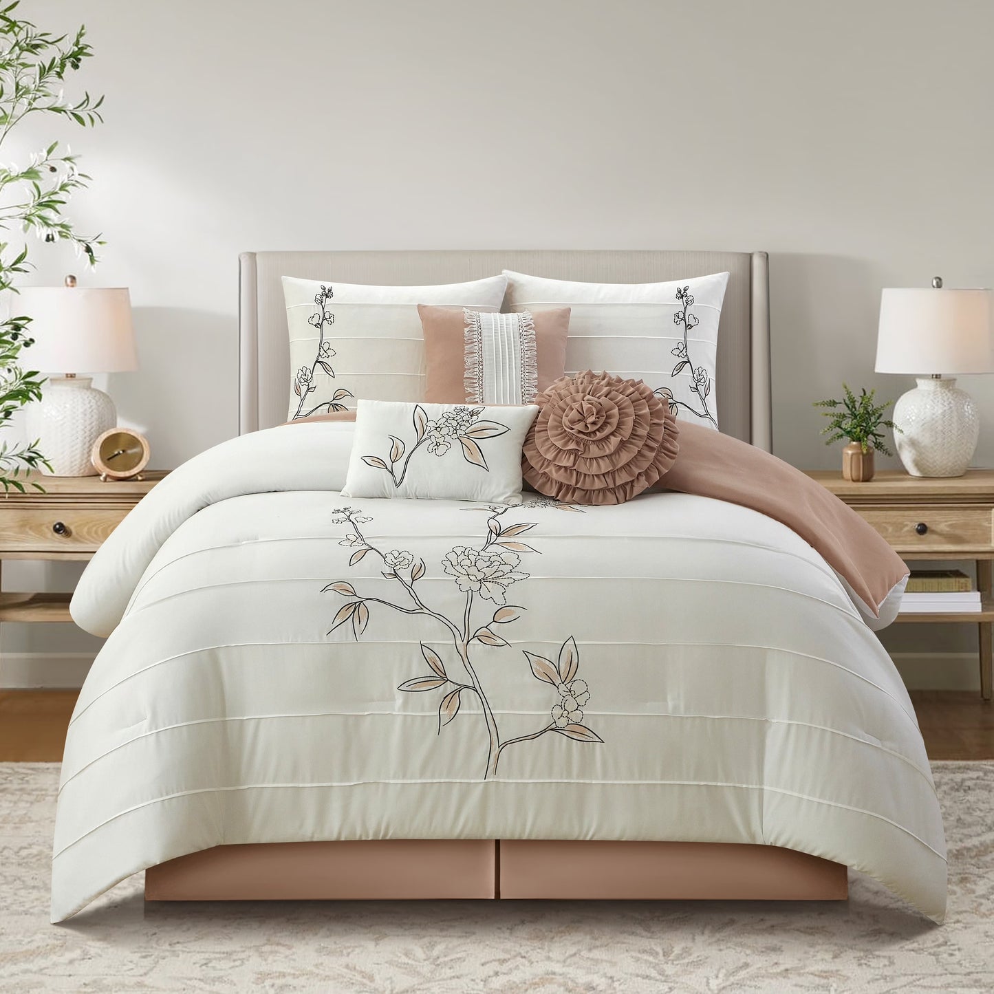 Lanco Blush Floral Queen Comforter Set, 7 Piece, Microfiber Pleating & Embroidery Bedding Sets & Collections