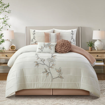 Lanco Blush Floral Queen Comforter Set, 7 Piece, Microfiber Pleating & Embroidery Bedding Sets & Collections