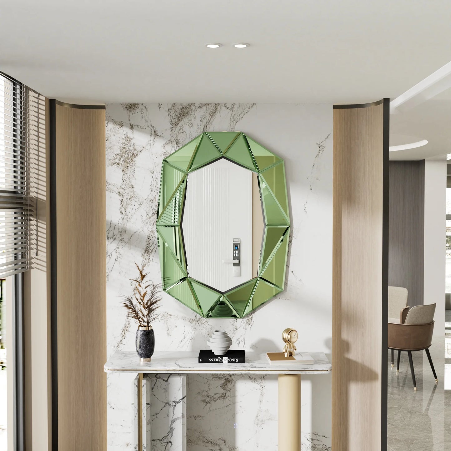 LUVODI Geometric Mirror Wall 28 x 39 inch Art Mirror Green 3D Glass Beveled for Bathroom Living Room