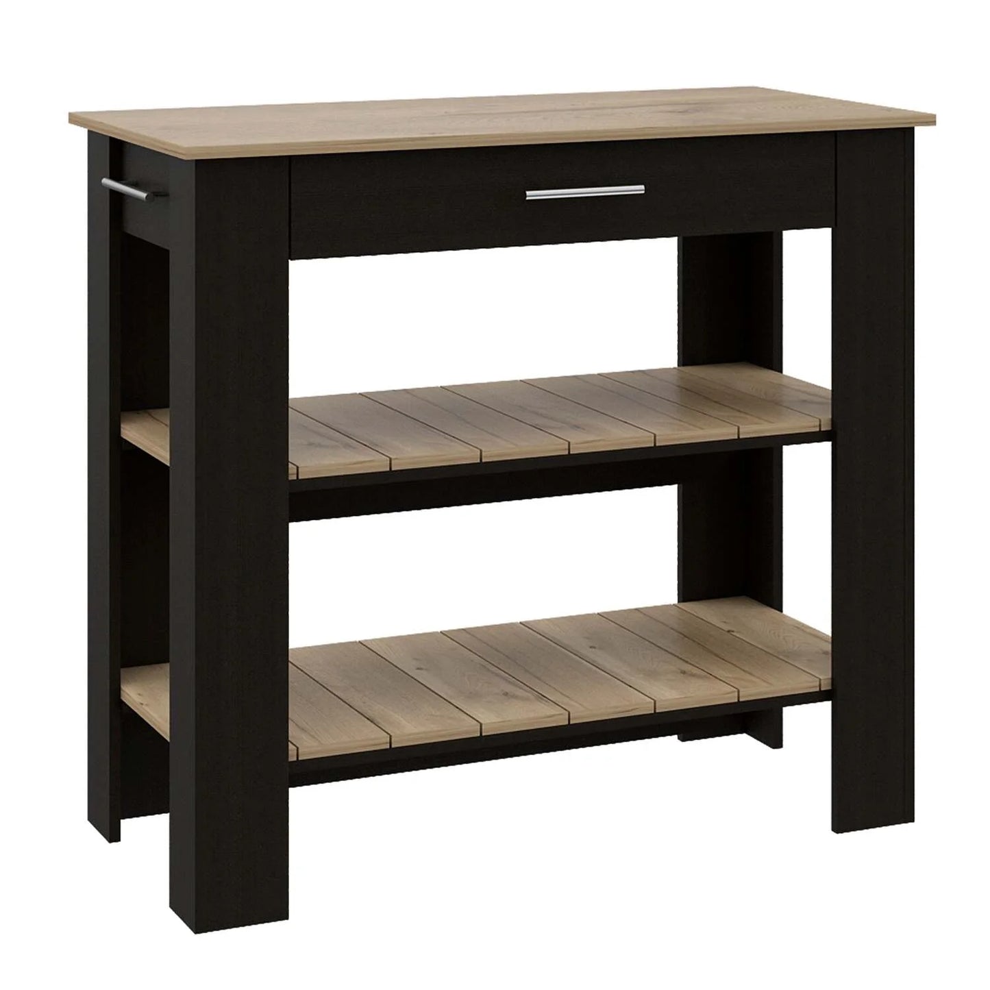 Depot E-Shop Delos 40 Kitchen Island with 2 Shelves, Drawer, 4 Legs, and Towel Rack, Black/Light Oak