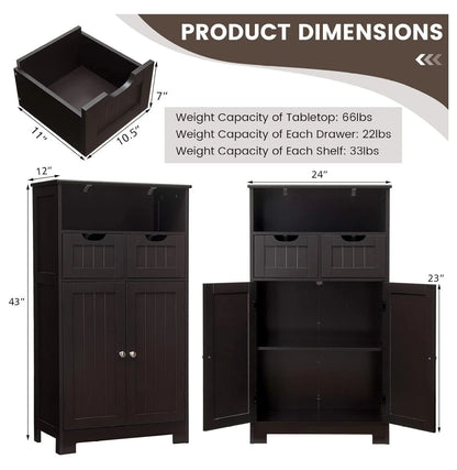 Freestanding Wooden Storage Cabinet with 2 Drawers & Adjustable Shelf for Bathroom, Living Room, Bedroom, Kitchen - Brown