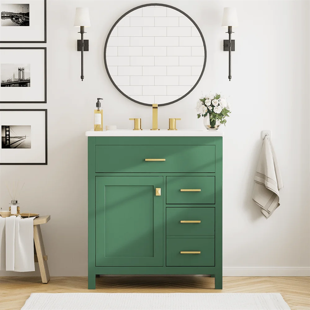 30-Inch Bathroom Vanity with Ceramic Sink, Freestanding Bathroom Cabinet with Multi-functional Shelves, Modern Undermount Bathroom Sink Cabinet with Flip Drawers and Two Regular Drawers, Green