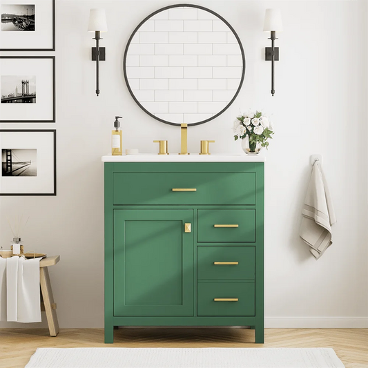 30-Inch Bathroom Vanity with Ceramic Sink, Freestanding Bathroom Cabinet with Multi-functional Shelves, Modern Undermount Bathroom Sink Cabinet with Flip Drawers and Two Regular Drawers, Green