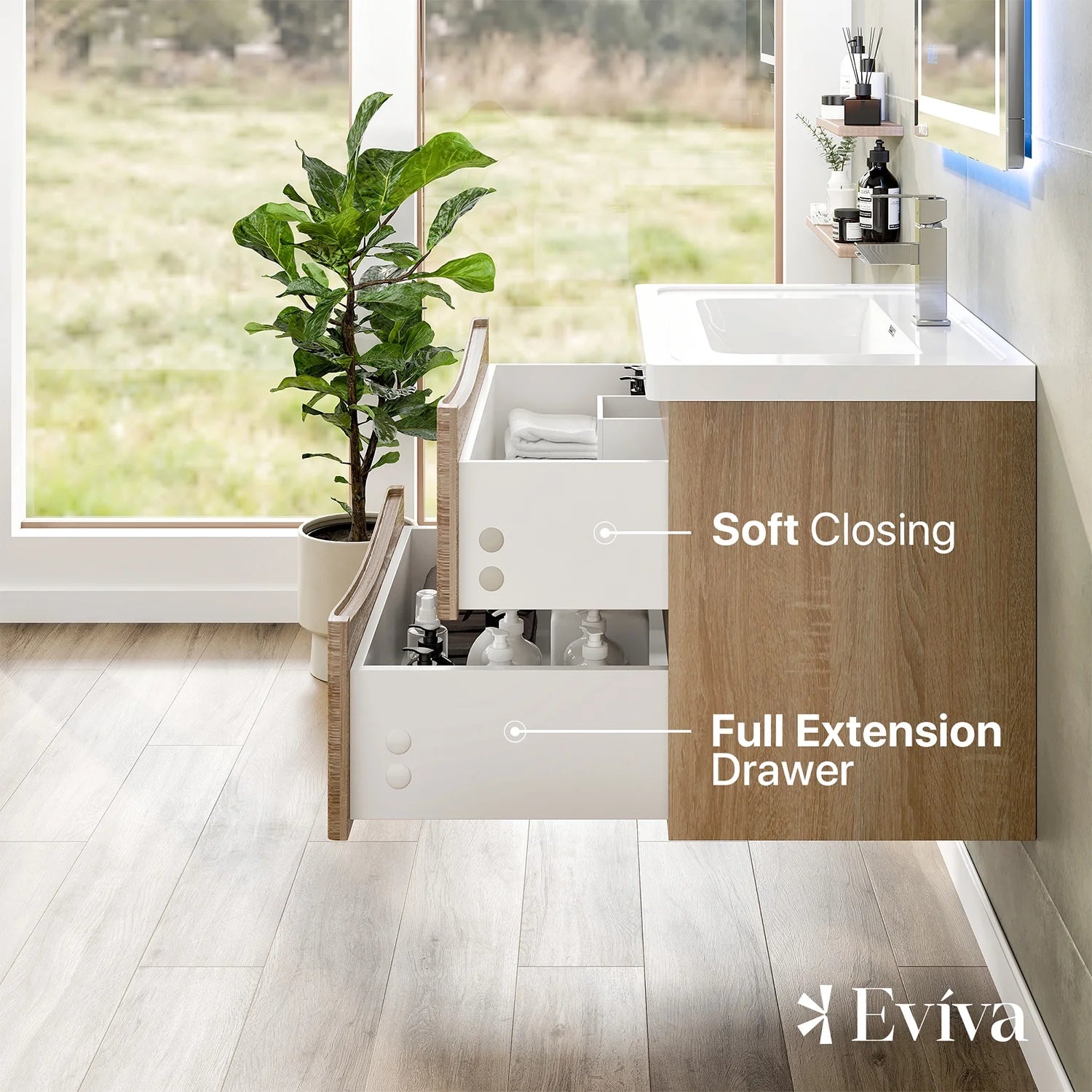 Eviva Smile 30" White Oak Wall Mount Modern Bathroom Vanity w/White Integrated Top