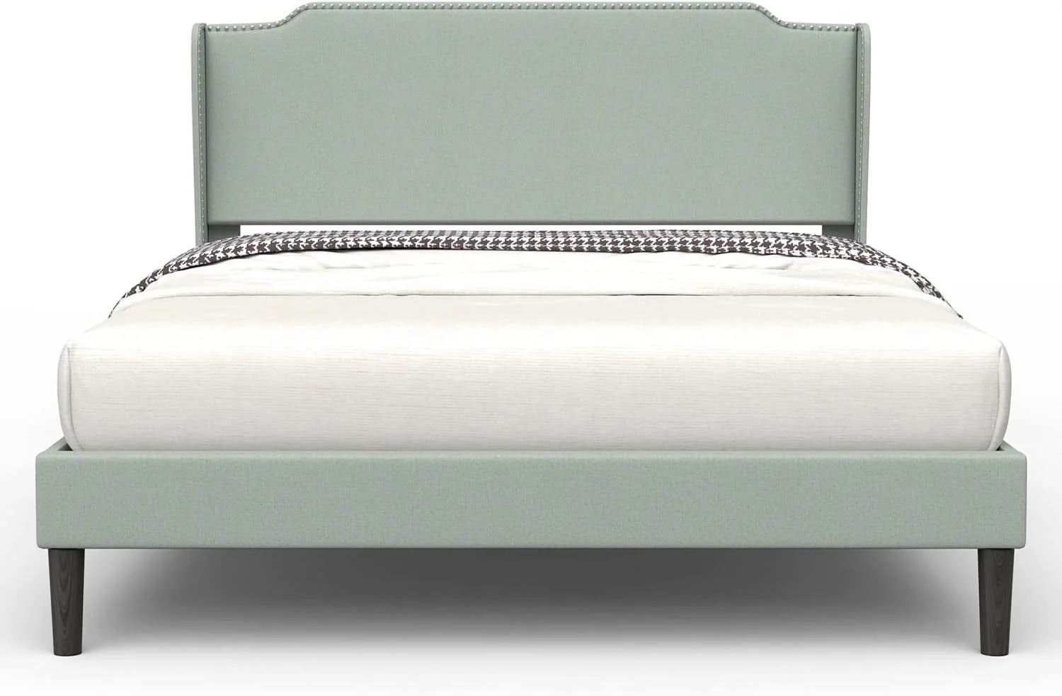 Bonsoir Queen Size Traditional Upholstered Low Profile Platform Bed Frame with Wing Back and Nail Trim Headboard/No Box Spring Needed/No Bed Skirt Needed/Soft Linen Fabric Upholstery/Light Green