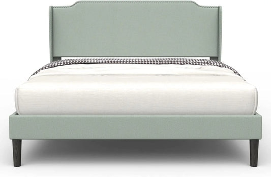 Bonsoir Queen Size Traditional Upholstered Low Profile Platform Bed Frame with Wing Back and Nail Trim Headboard/No Box Spring Needed/No Bed Skirt Needed/Soft Linen Fabric Upholstery/Light Green