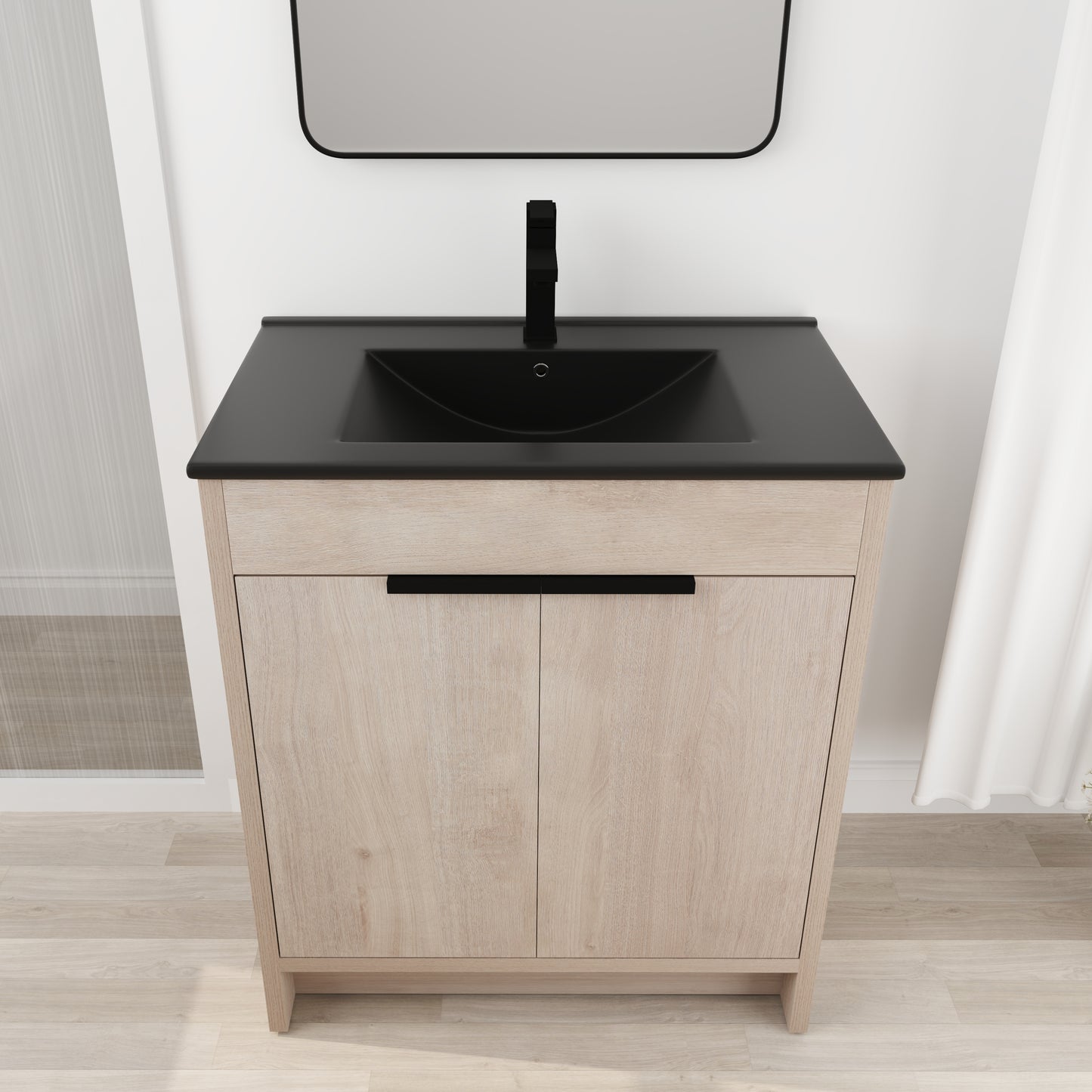 Holaki 30 Inch Freestanding Bathroom Vanity with Black Ceramic Sink & 2 Soft-Close Cabinet Doors, Plain Light Oak