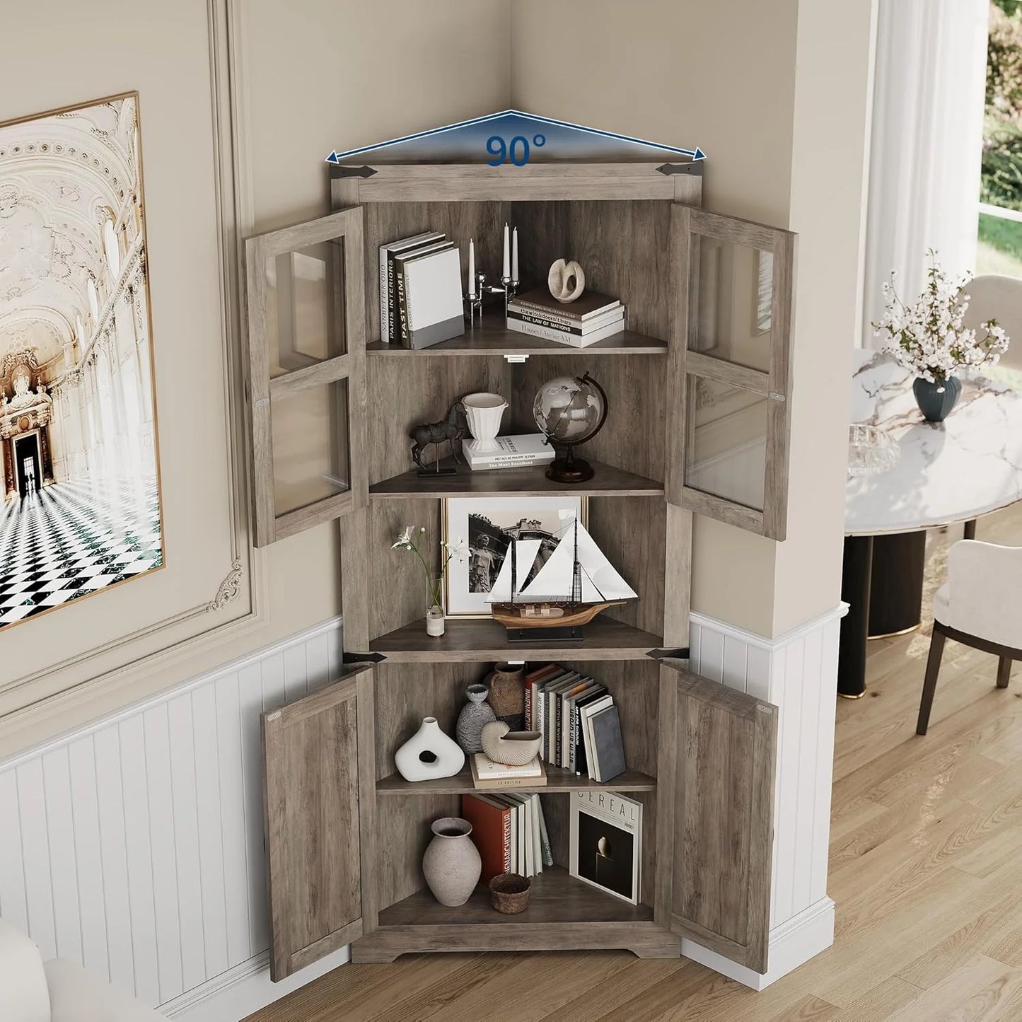 67" Tall Corner Storage Cabinet with Lights, Farmhouse Corner Hutch Display Cabinet with Glass Doors, Wooden Storage Organizer for Kitchen, Living Room, Bathroom, Washed Grey