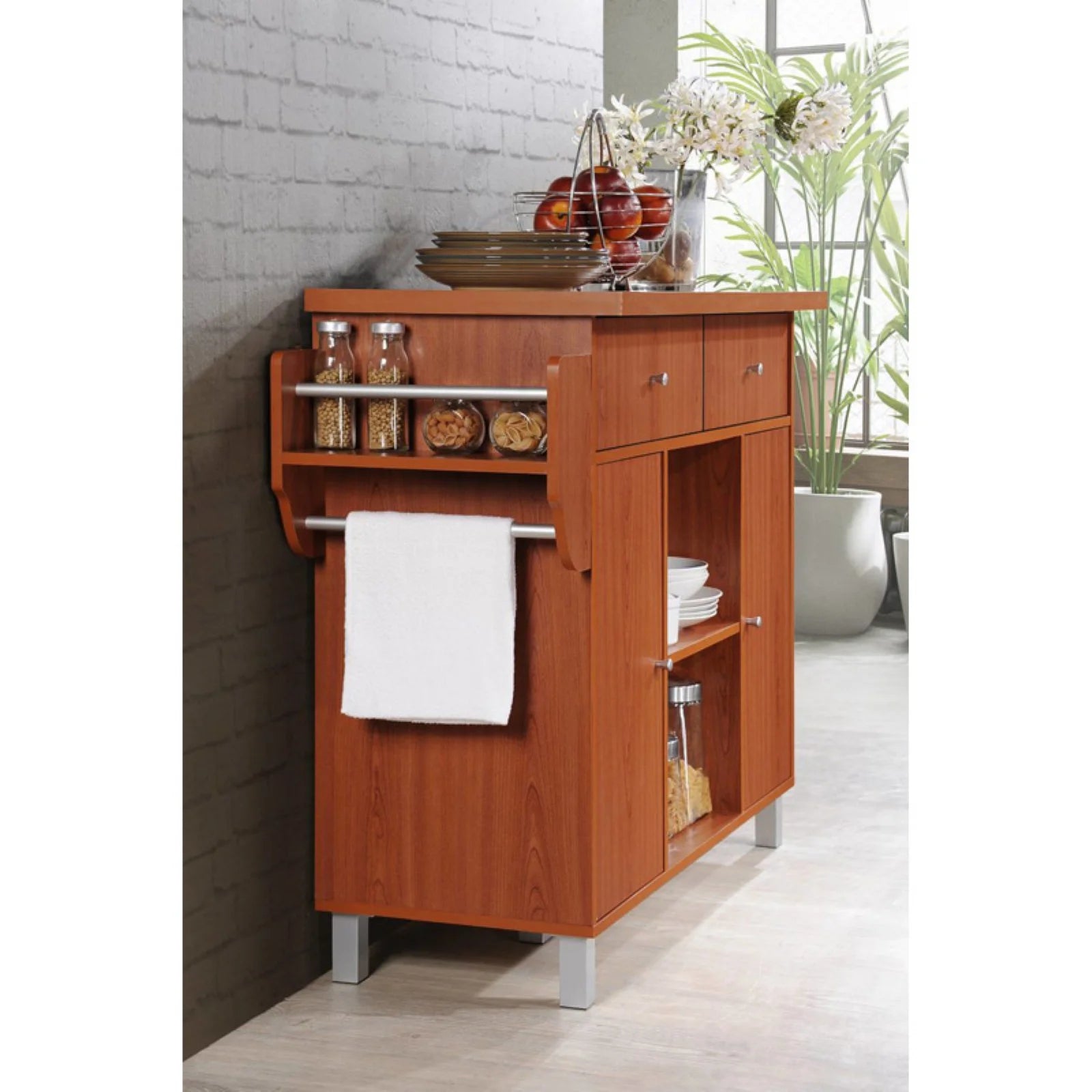 Hodedah Kitchen Island with Spice Rack plus Towel Holder in White Wood