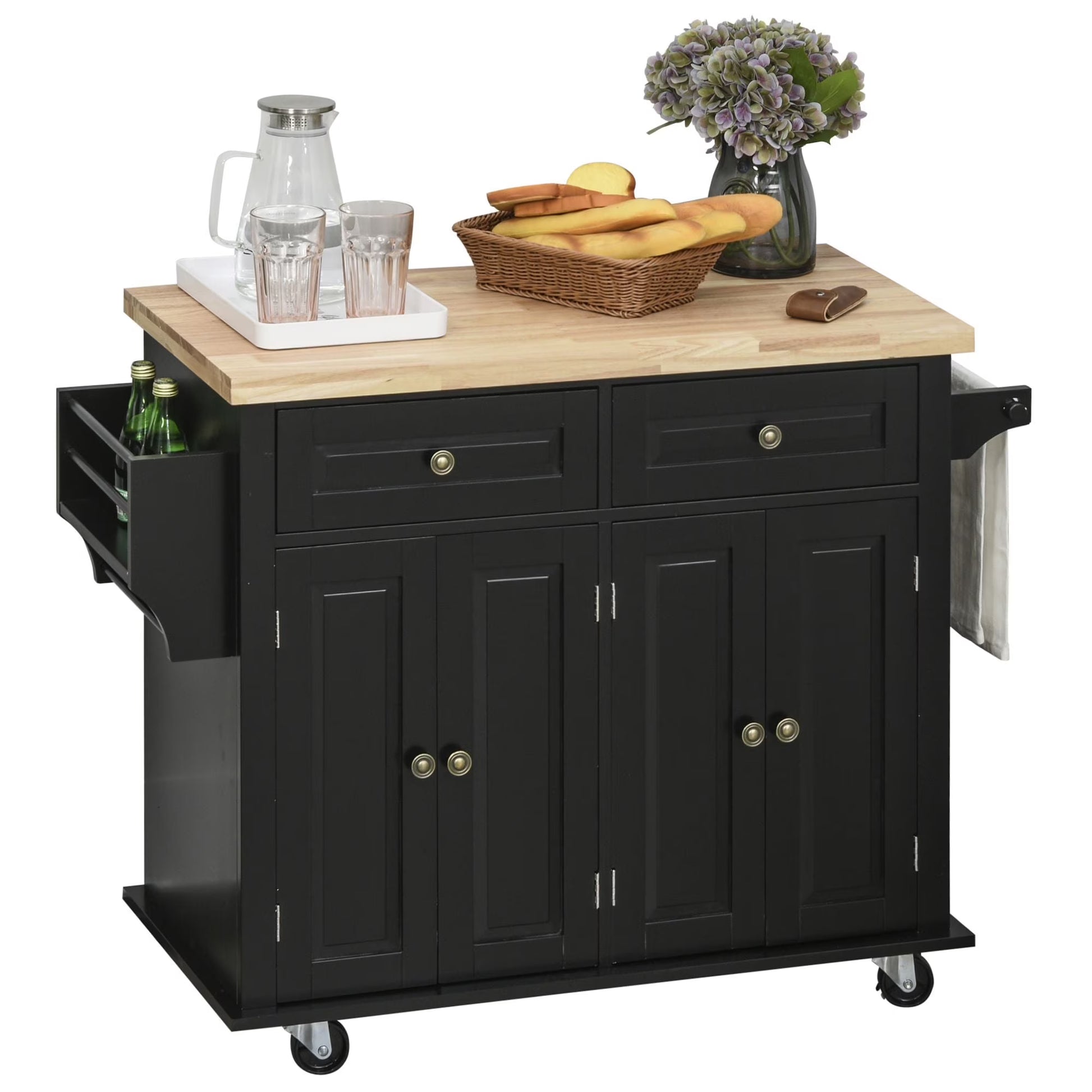 HOMCOM Kitchen Island on Wheels, Rolling Cart with Rubberwood Top, Spice Rack, Towel Rack
