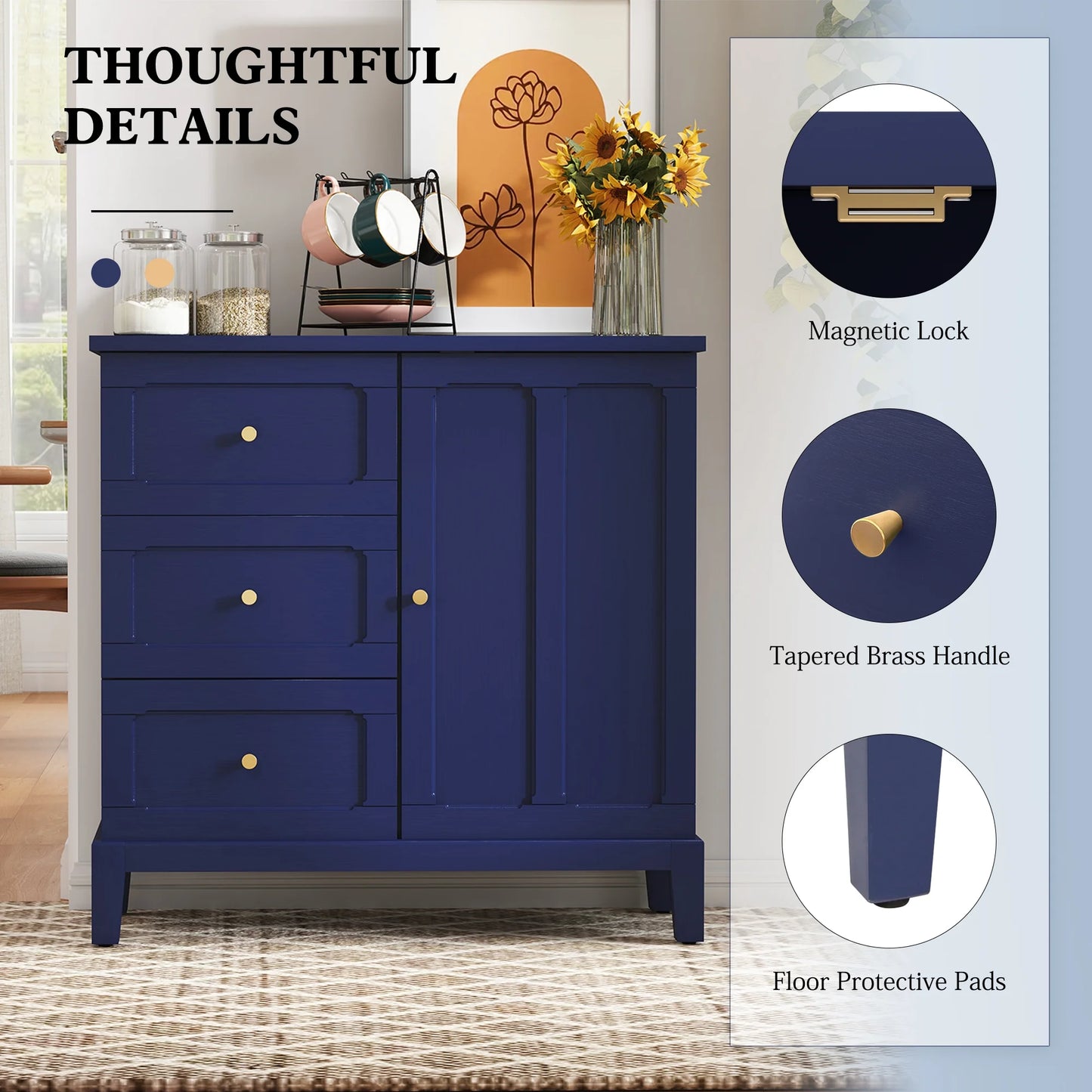 CBJCBJ 31.7"Storage Cabinet, Classical 3 Drawers & 1 Door Design with Gold-Tone Handles, Multi-Use Organizer for Living Room, Kitchen, BathroomBLUE)