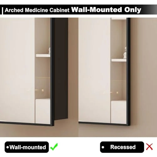 Black Arched Medicine Cabinet with Mirror, 16x31Inch, Bathroom, Modern Style, 3 Glass Shelves, Wall Mount