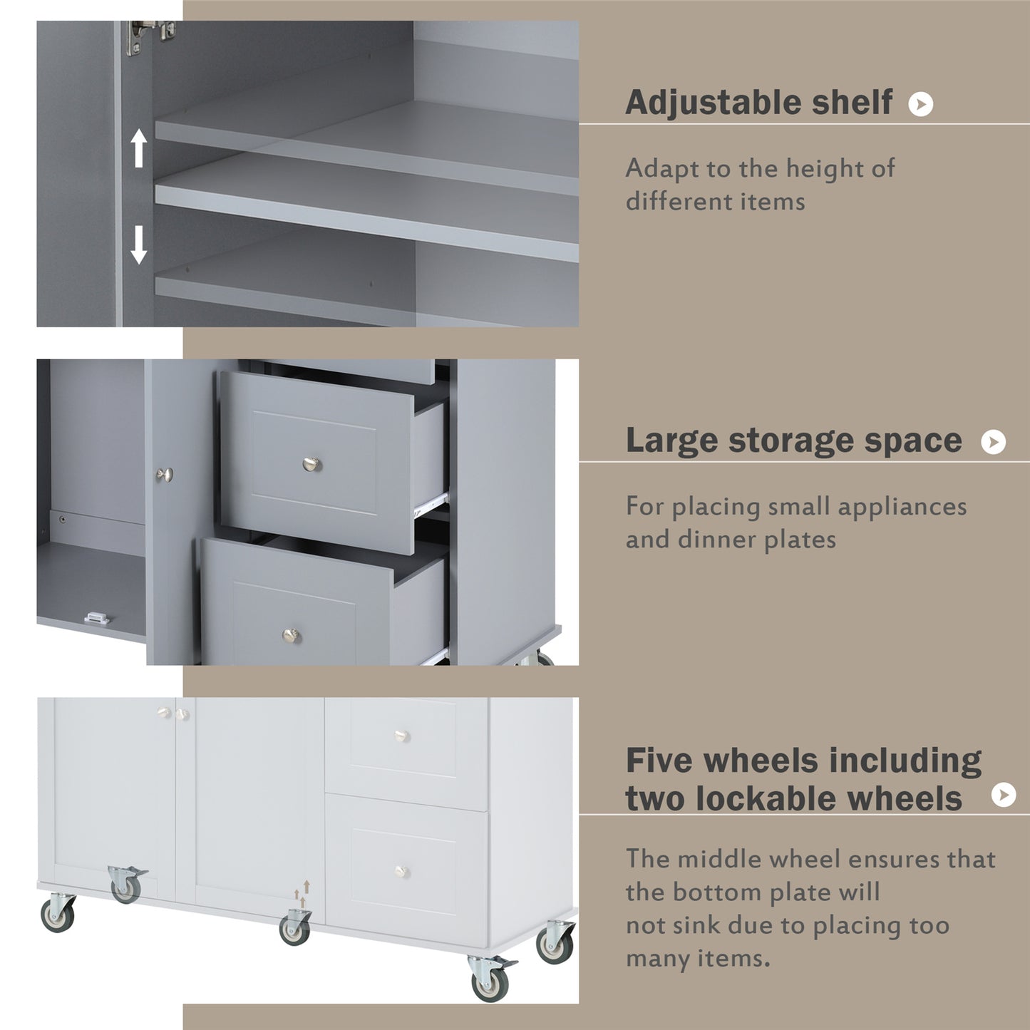 Kitchen Island Cart with Foldable Drop-Leaf Tabletop and Locking Wheels, 52.7" Rolling Kitchen Island Cart with 2 Door Cabinet and 3 Storage Drawers, Spice Rack and Towel Rack, Grey Blue