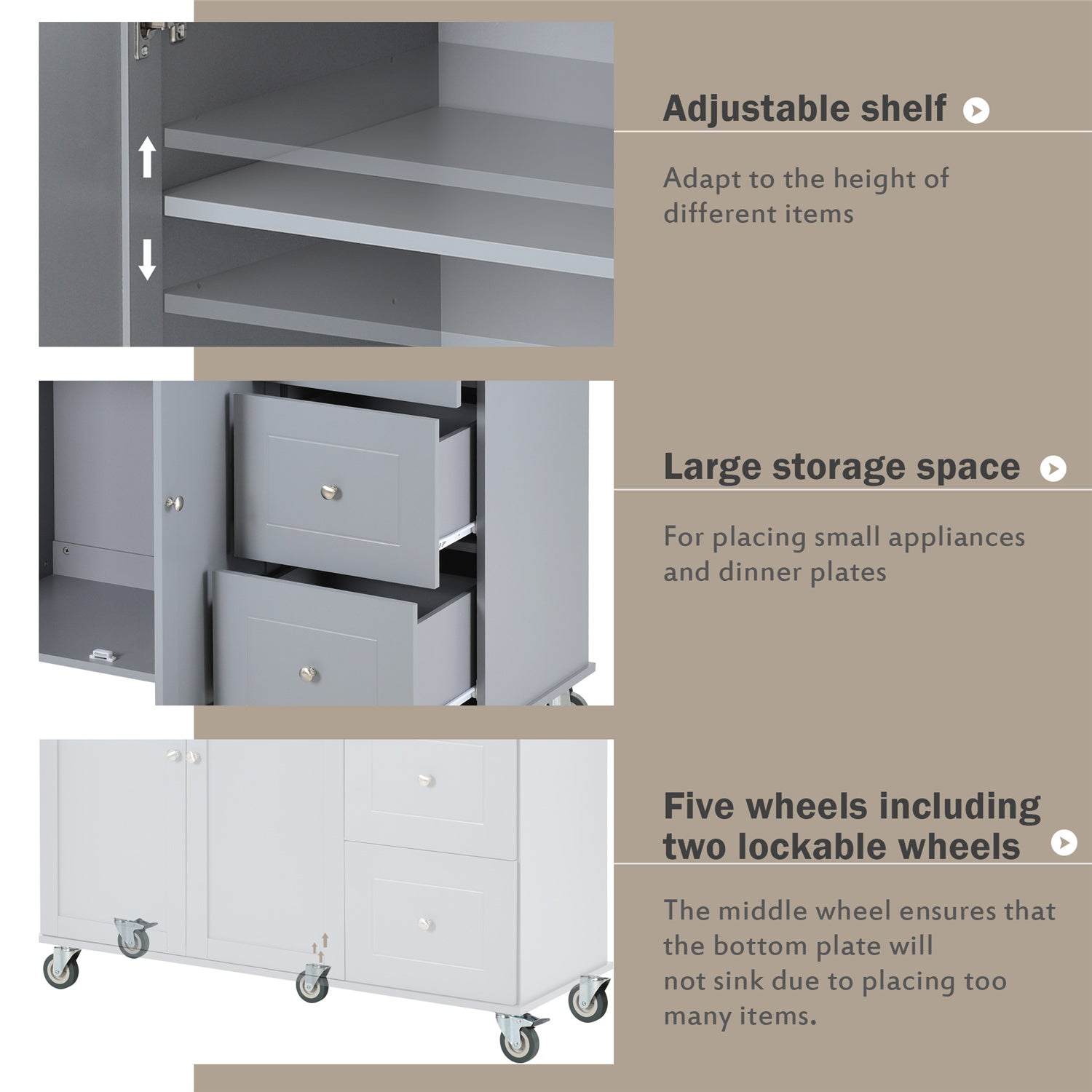 Kitchen Island Cart with Foldable Drop-Leaf Tabletop and Locking Wheels, 52.7" Rolling Kitchen Island Cart with 2 Door Cabinet and 3 Storage Drawers, Spice Rack and Towel Rack, Grey Blue