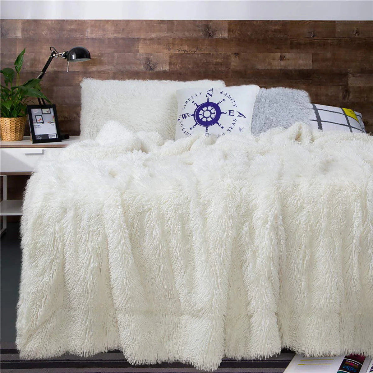Junovo Super Soft Throw Blanket for Bed, Fluffy Cozy Plush Light Blanket, Washable Warm Furry Throw Blanket for Couch Sofa Chair Home Decor, 50"x60" ,Cream White