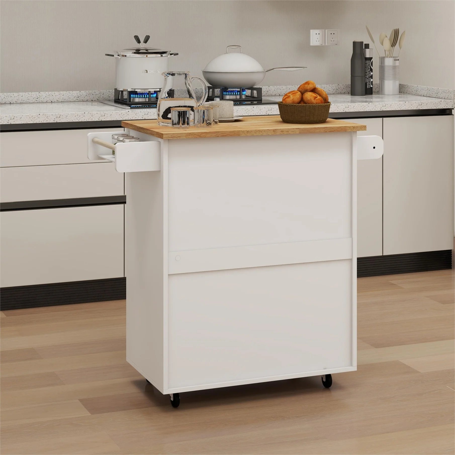 Rolling Kitchen Island with Solid Wood Top & Pull-out Drawer, Kitchen Trolley Cart with Spice Rack & Towel Rack & Storage Pantry Cabinet with Adjustable Shelf, Kitchen Island Cart on Wheels, White