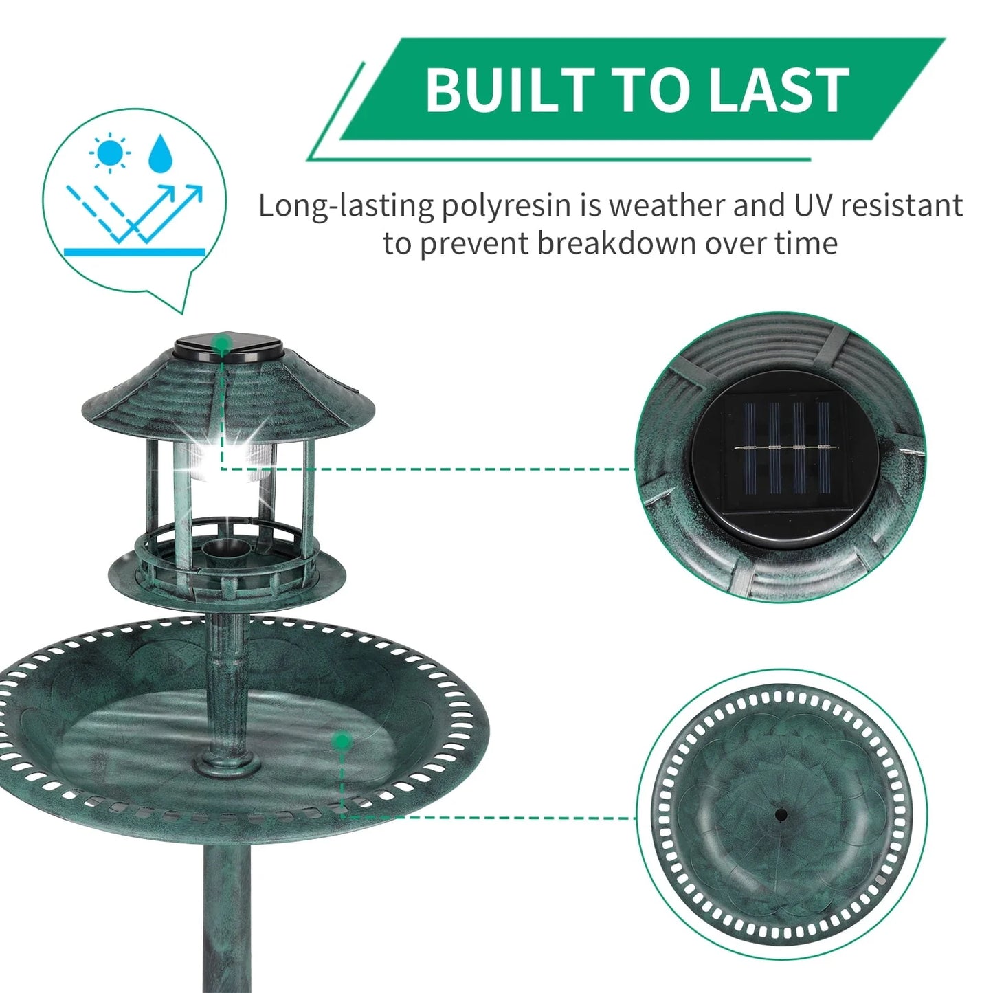 UBesGoo Bird Bath Dark Green 42 Inch w/Solar Light Antique Copper Weather Resistant Birdbaths