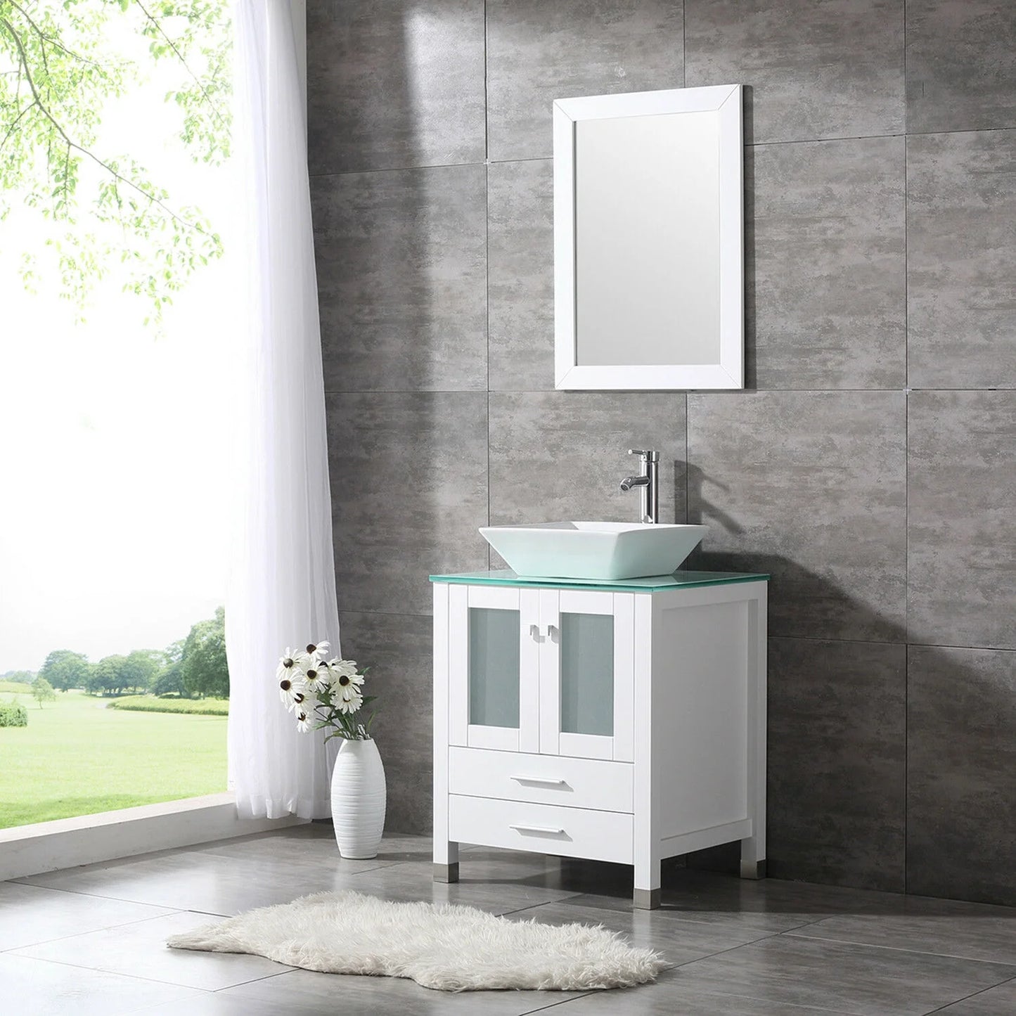 Wonline 24" Bathroom Vanity Cabinet Ceramic Sink Faucet Drain Combo w/Mirror Set White