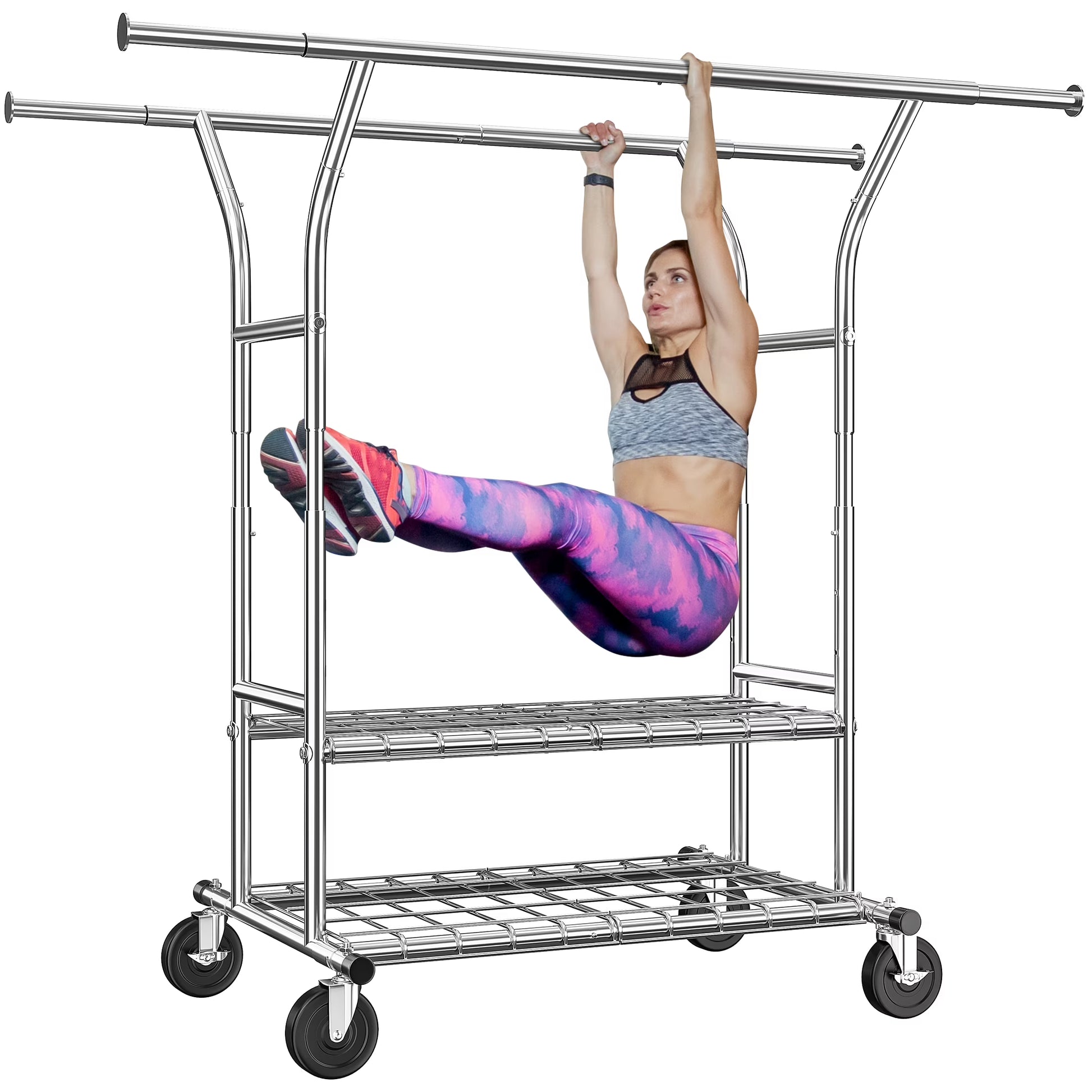 Clothes Rack with Wheels, Heavy-Duty Garment Rack for Hanging Clothes, Adjustable Freestanding Wardrobe Organizers and Storage with Double Sheves