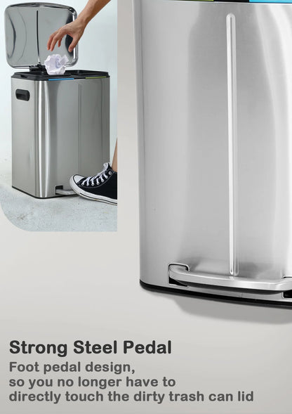 10 Gallon Dual Compartment Trash Can and Recycle Bin, Stainless Steel Foot Pedal Garbage Can Bathroom Double Trash Can Recycling for Kitchen with 2 x 5 Gallon Removable Inner Buckets, Soft Close