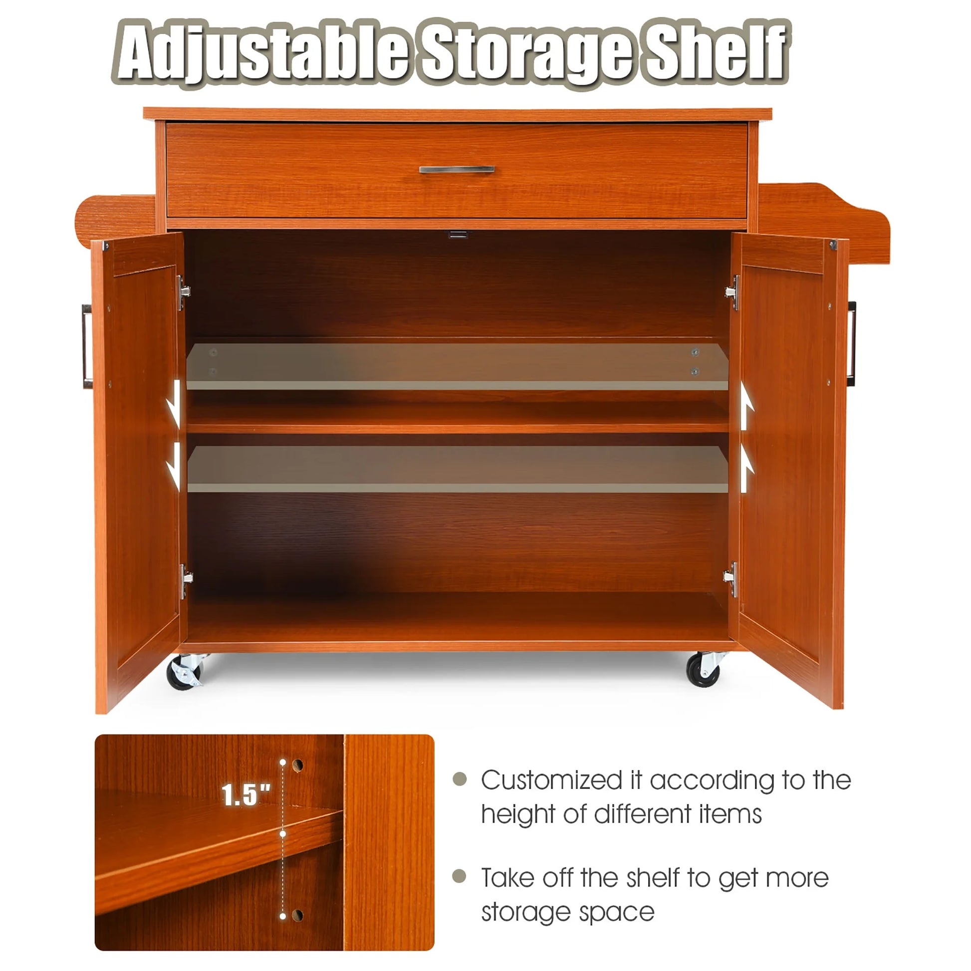 Costway Rolling Kitchen Island Cart Storage Cabinet w/Towel & Spice Rack Cherry
