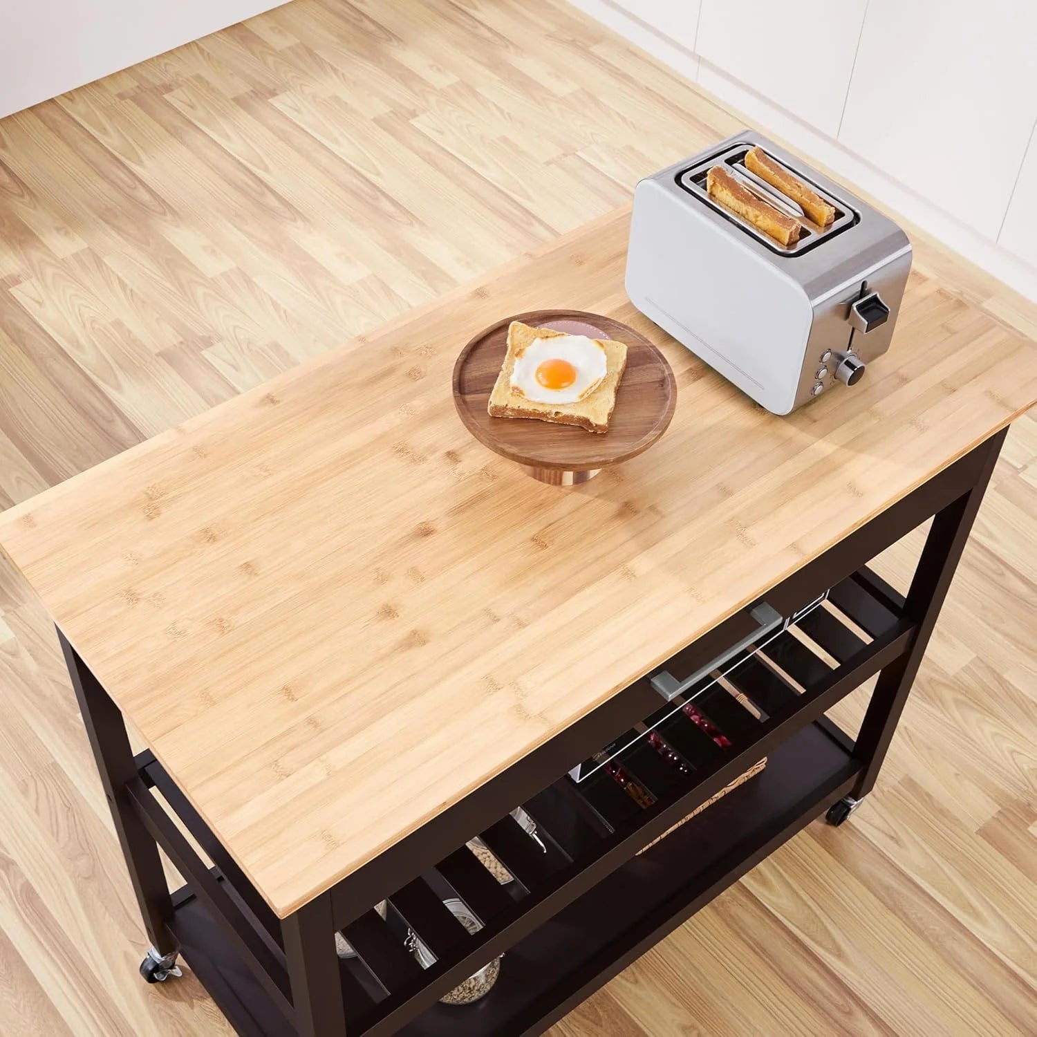 Hyxoo Kitchen Island Cart on Wheels with Bamboo Tabletop, 3-Tier Rolling Kitchen Island Microwave Cart with Drawer, Detachable Towel, 3 Hooks40"W x 20"D x 36.5"HEspresso