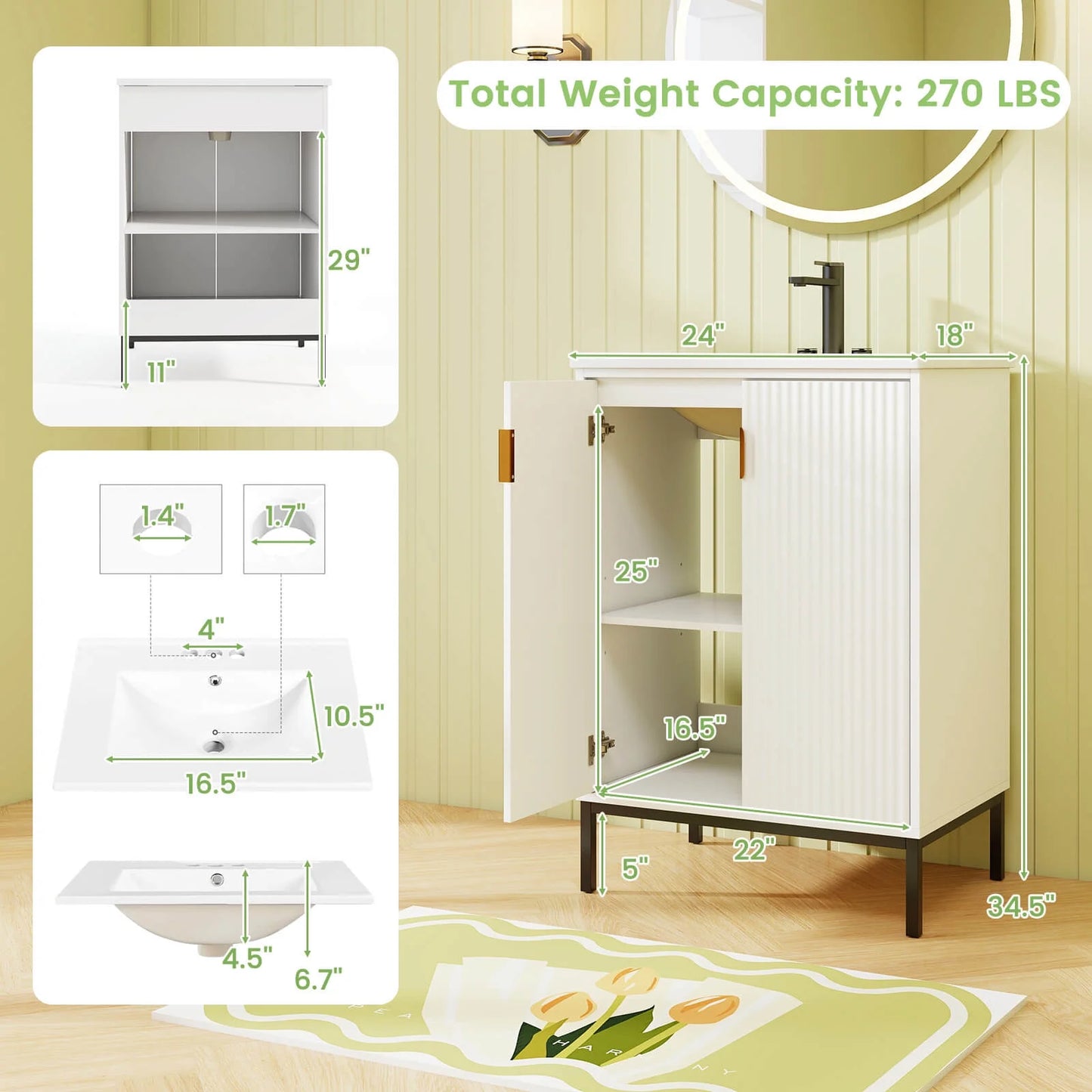 Costway Bathroom Vanity with Sink Combo 24 Inch Freestanding Bathroom Sink Cabinet White