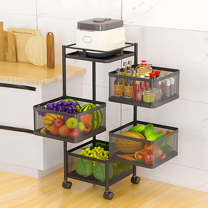 MONIPA 4 Tier Rotatable Baskets Storage Rack,Black Baskets Shelf 360° Ratate,Large Capacity Storage Trolley with 4 Wheels for kitchen,Bathroom,Living room (Square)