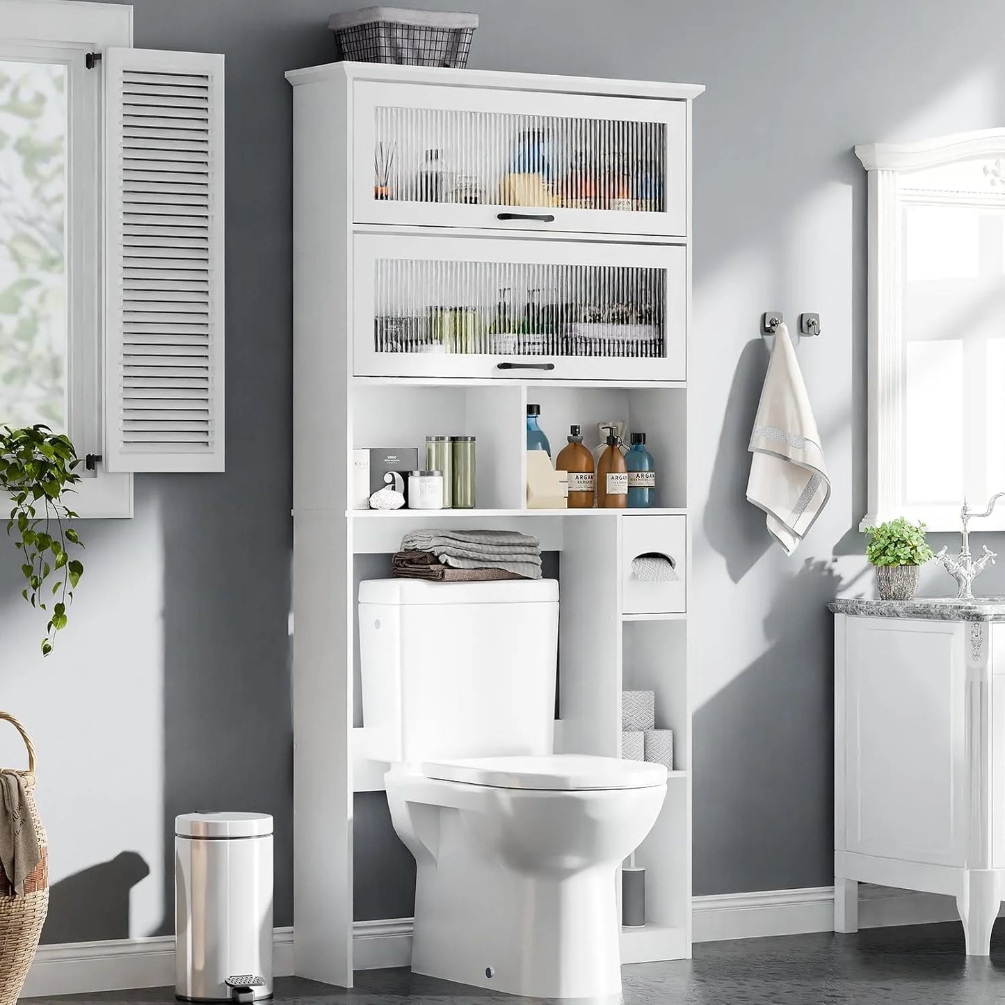 Over The Toilet Storage Cabinet with Transparent Door, Toilet Paper Storage Cabinet with Multi Layer Shelves Suitable for Bathroom, Laundry Room, Freestanding Bathroom Storage Rack,Brown