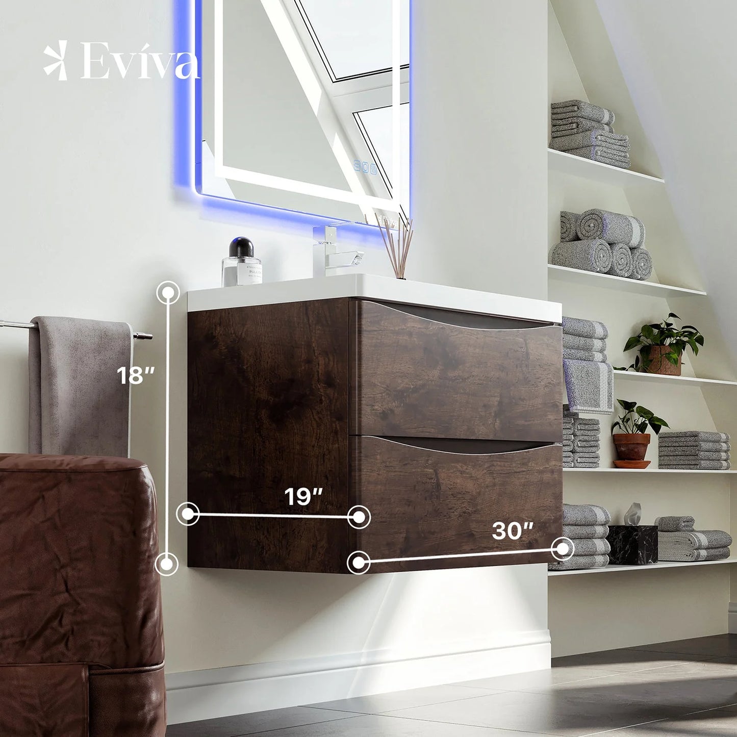 Eviva Smile 30" White Oak Wall Mount Modern Bathroom Vanity w/White Integrated Top