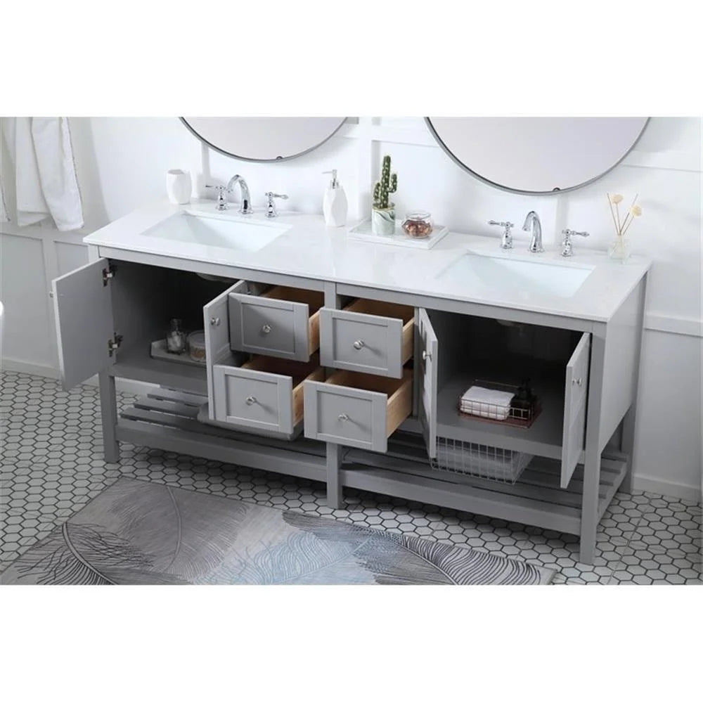 Elegant Decor Theo 72" Steel and Solid Wood Double Bathroom Vanity in Gray