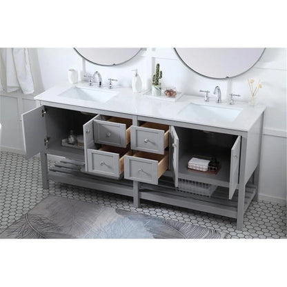 Elegant Decor Theo 72" Steel and Solid Wood Double Bathroom Vanity in Gray