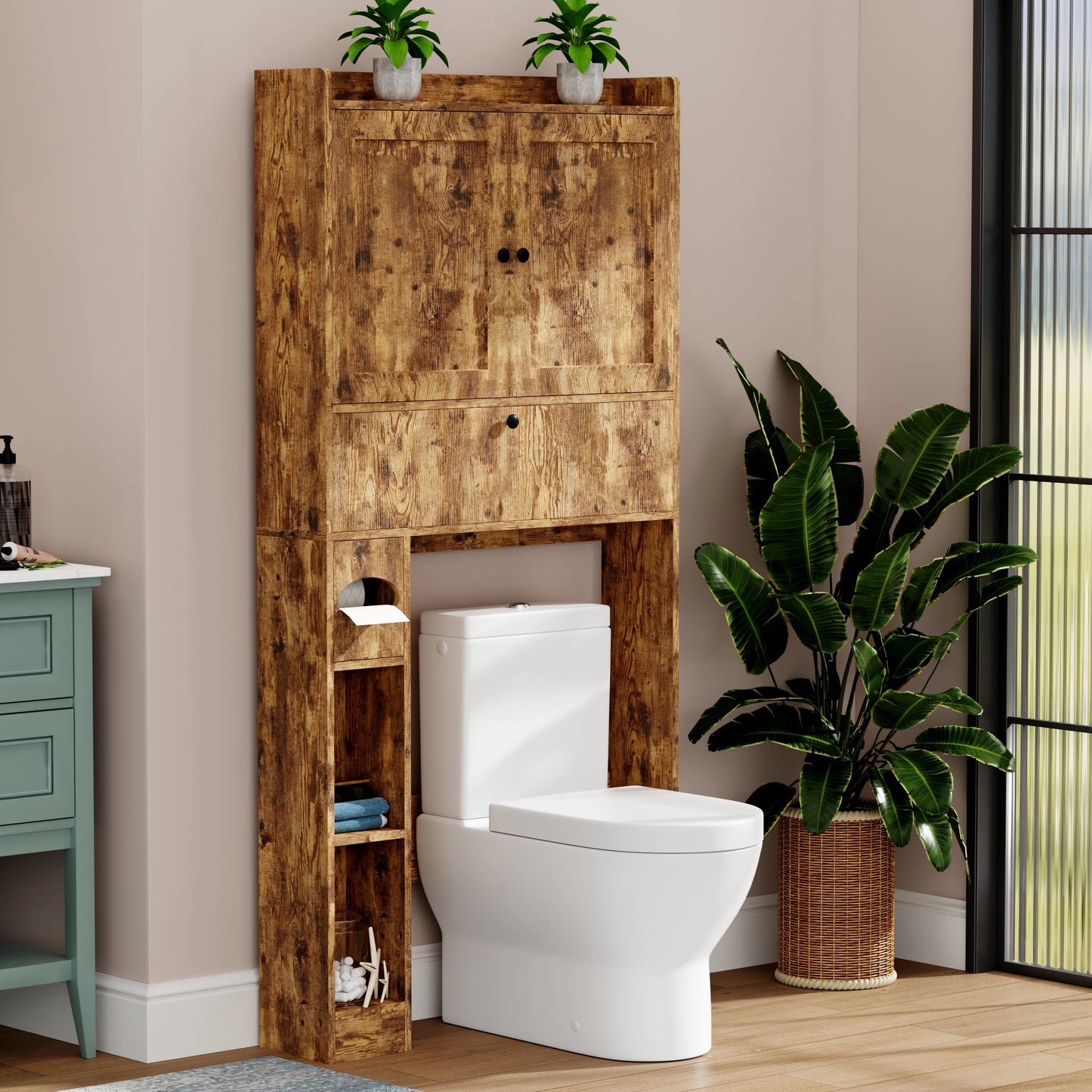Over The Toilet Storage Cabinet,Bathroom Storage Cabinet with Wooden Doors,Bathroom Organizer Over-The-Toilet Cabinet(Distressed Brown)