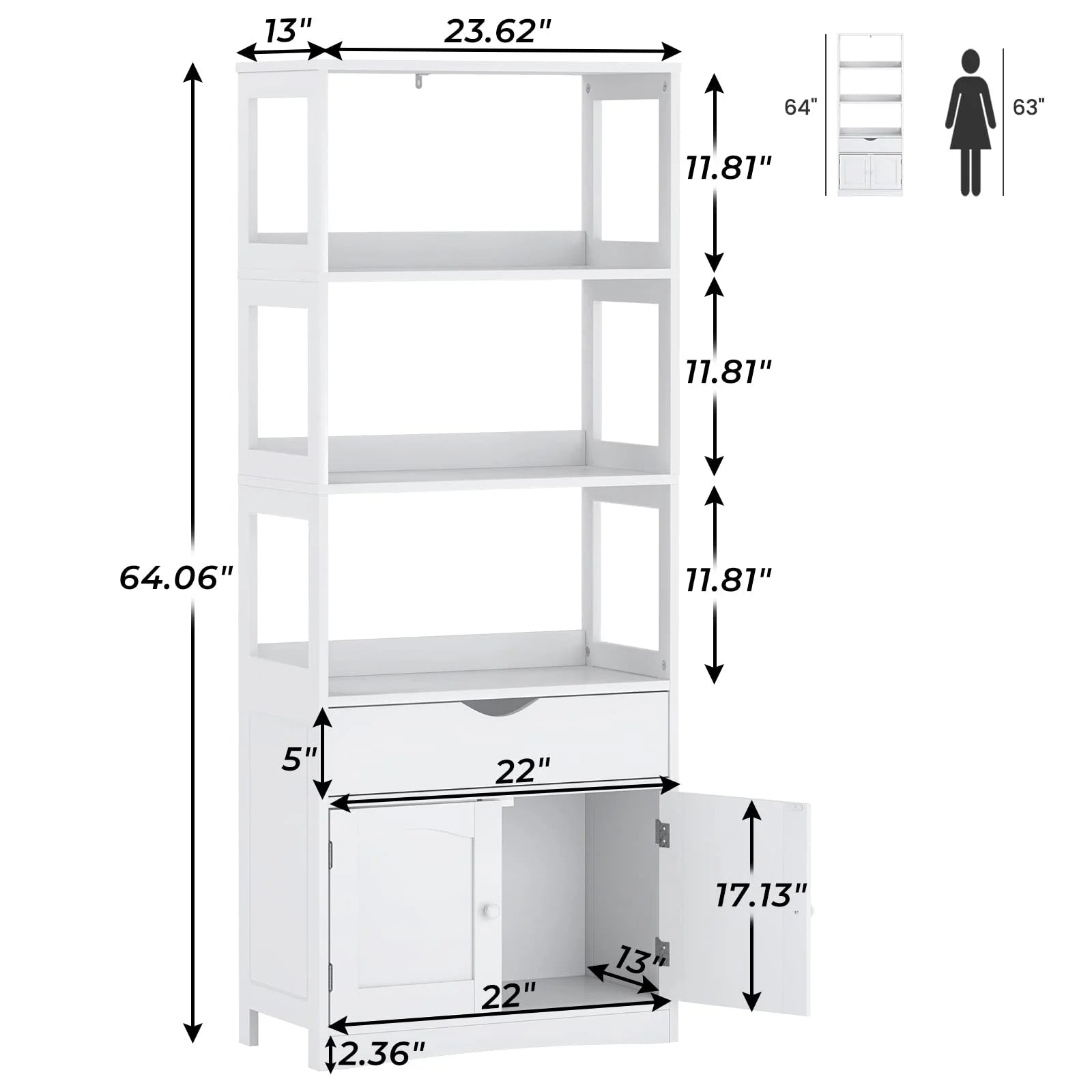 Kitchen Sideboard Pantry Cabinet Tall Freestanding Storage Cabinets with Shelves and Drawer for Bathroom Home Office, White